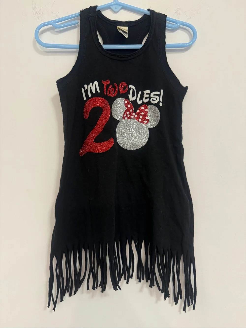 Kavio Black Tank with Red and Silver Glitter Minnie I’m Twodles with Fringe Hem